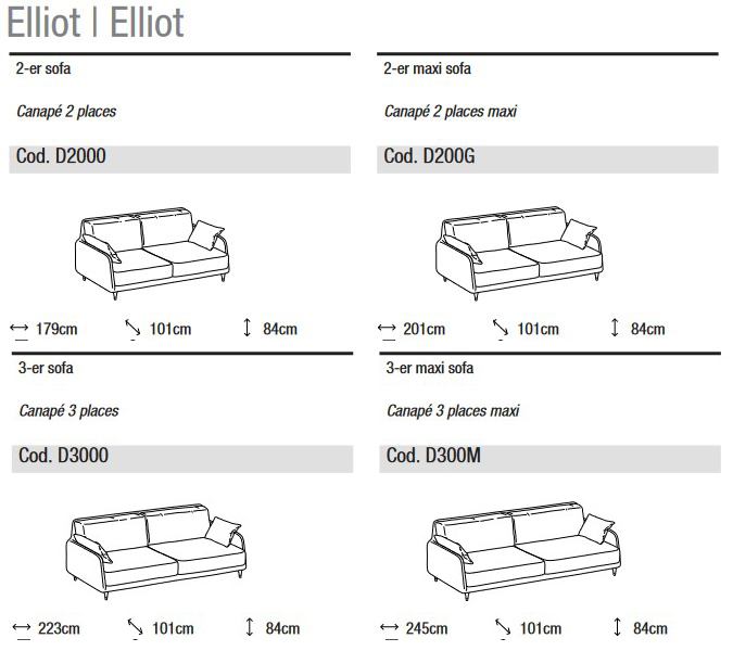 Dimensions of the Elliot Sofa Ditre Italia 2 and 3-Seater Linear
