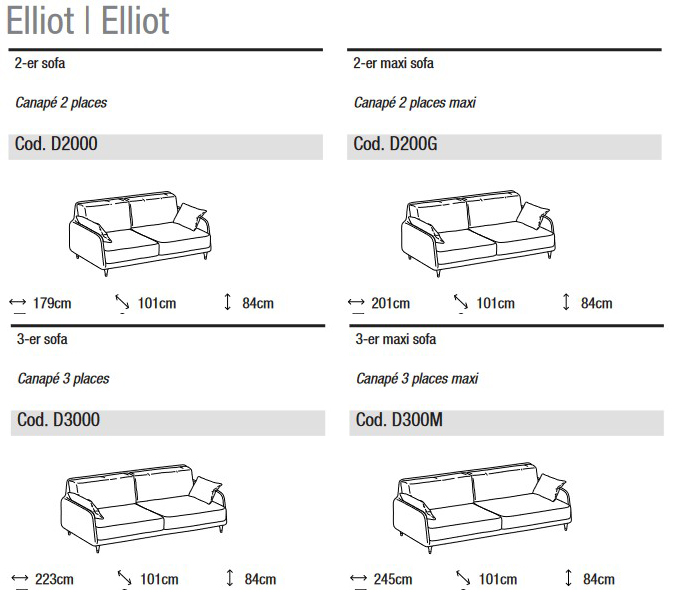 Dimensions du Canapé Elliot Ditre Italia 2 et 3 Places Linéaire