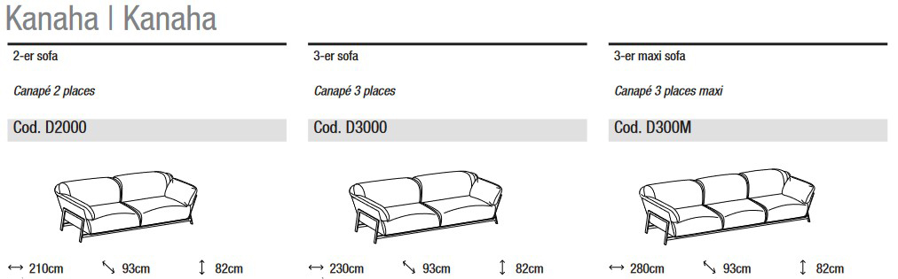 Abmessungen des linearen Sofas Kanaha von Ditre Italia mit 2 und 3 Sitzen