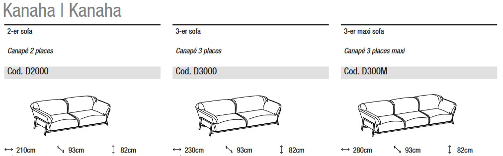 Dimensions du Canapé Kanaha Ditre Italia 2 et 3 places linéaire