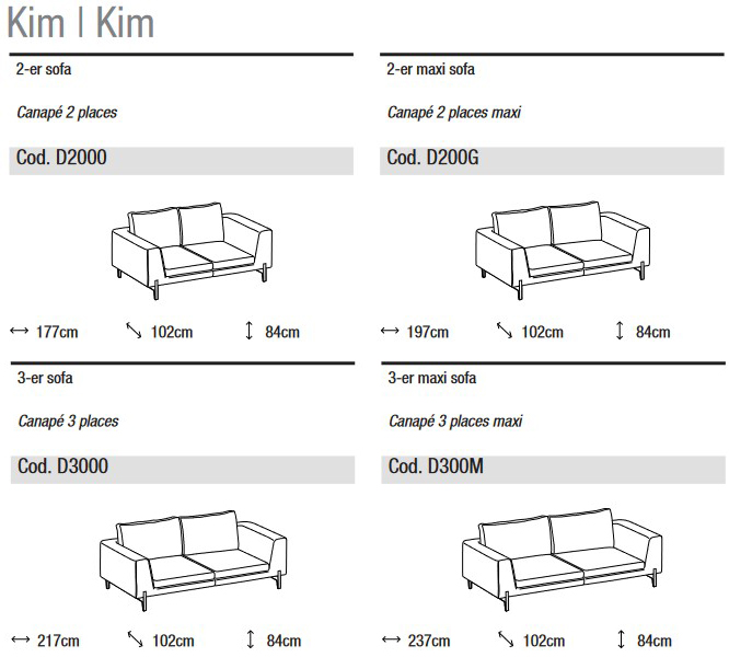 Abmessungen des linearen Sofas Kim von Ditre Italia mit 2 und 3 Sitzplätzen