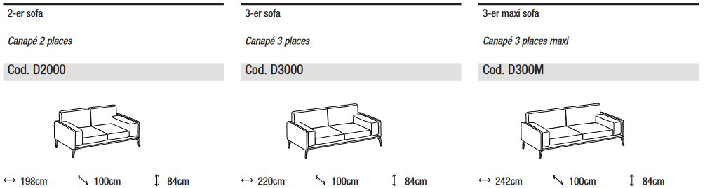 Abmessungen des linearen Sofas Kris von Ditre Italia mit 2 und 3 Sitzplätzen