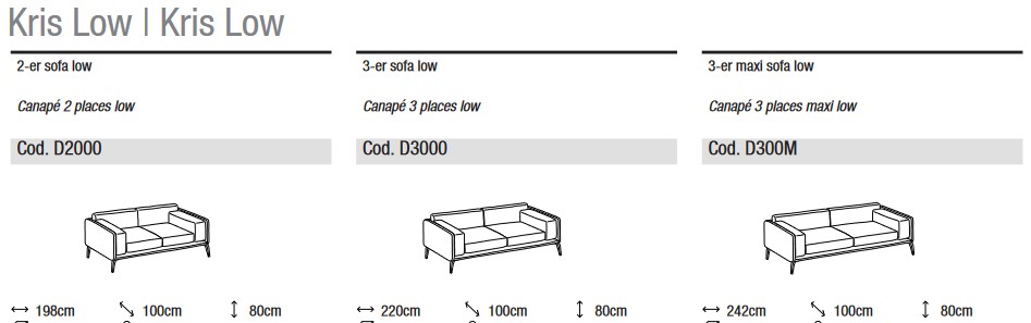 Abmessungen des Sofas Kris Low Ditre Italia mit 2 und 3 linearen Sitzplätzen