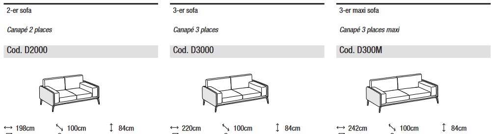 Dimensions du canapé linéaire Kris Mix de Ditre Italia avec 2 et 3 places