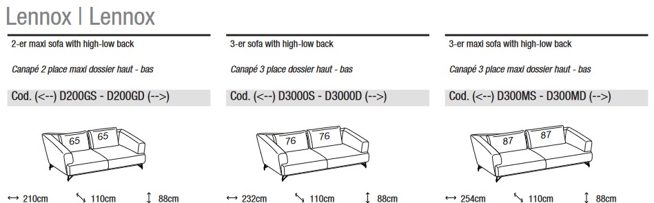 Dimensions of Lennox Sofa by Ditre Italia 2 and 3 Seats Linear