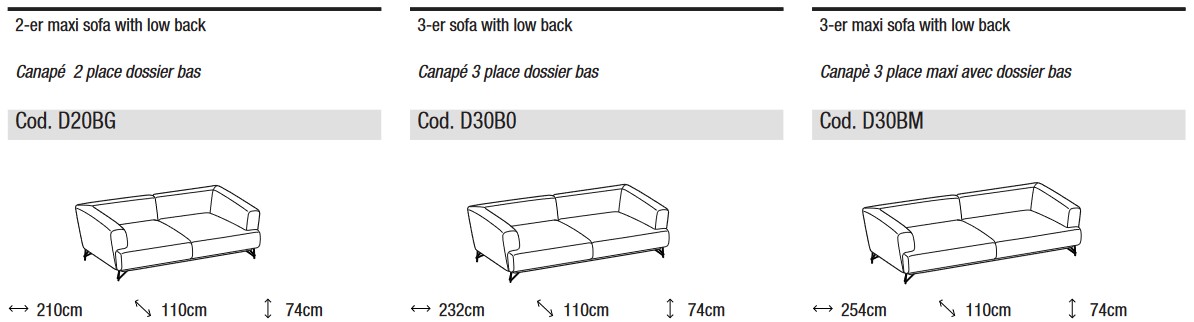 Dimensions du Canapé Lennox Soft de Ditre Italia 2 et 3 Places Linéaires