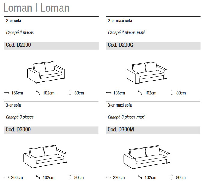 Dimensiones del sofá lineal Ditre Italia Loman de 2 y 3 plazas