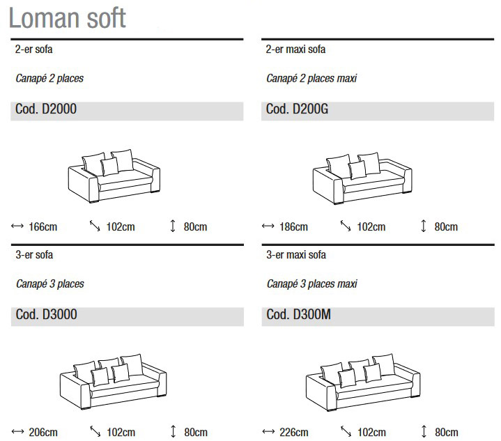 Dimensiones del sofá Ditre Italia Loman Soft, de 2 y 3 plazas lineales