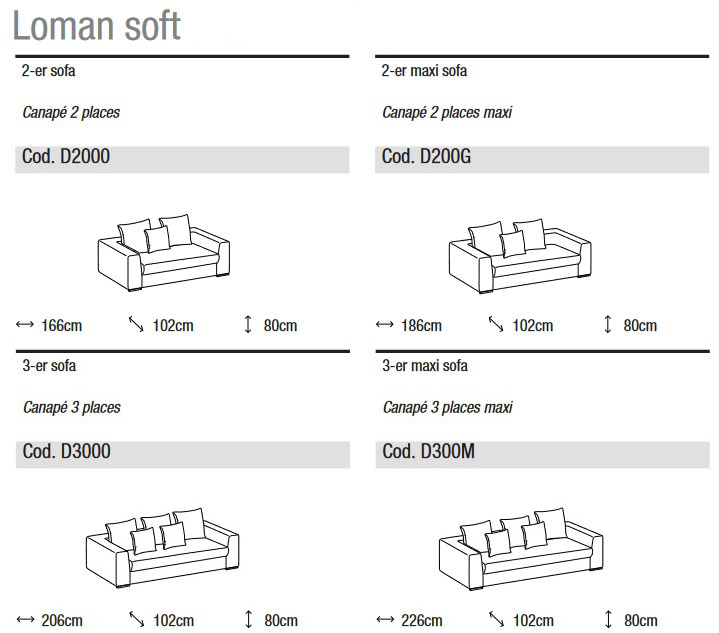 Abmessungen des Sofas Loman Soft Ditre Italia, 2- und 3-Sitzer linear