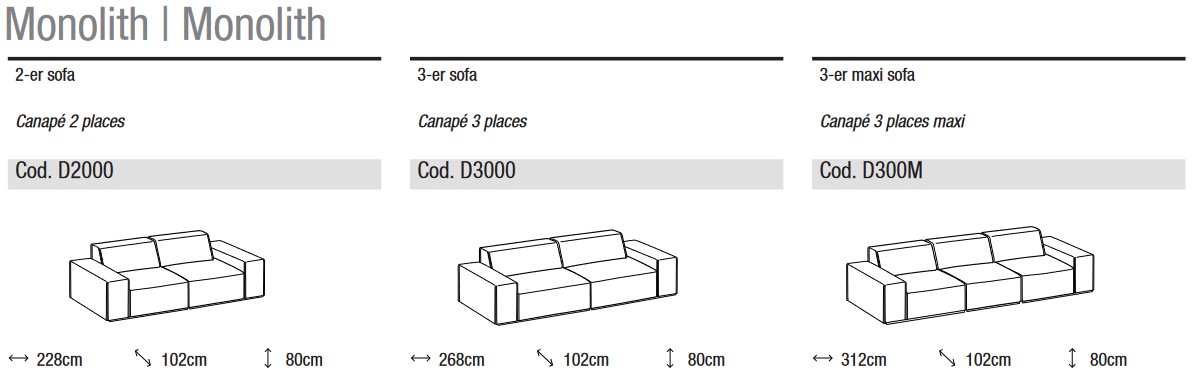 Abmessungen des linearen Sofas Ditre Italia Monolith 2 und 3 Sitzer
