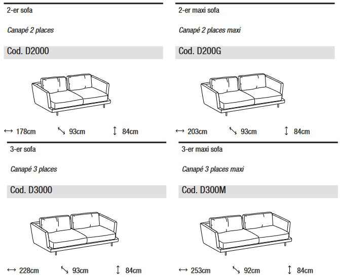 Dimensions du Canapé Royal de Ditre Italia 2 et 3 places, lignes droites