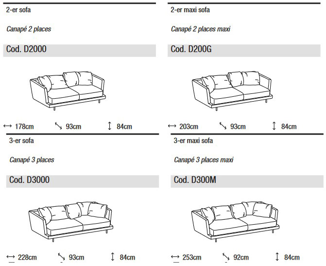 Abmessungen des Sofa Royal Soft Ditre Italia 2 und 3-Sitzer Linear