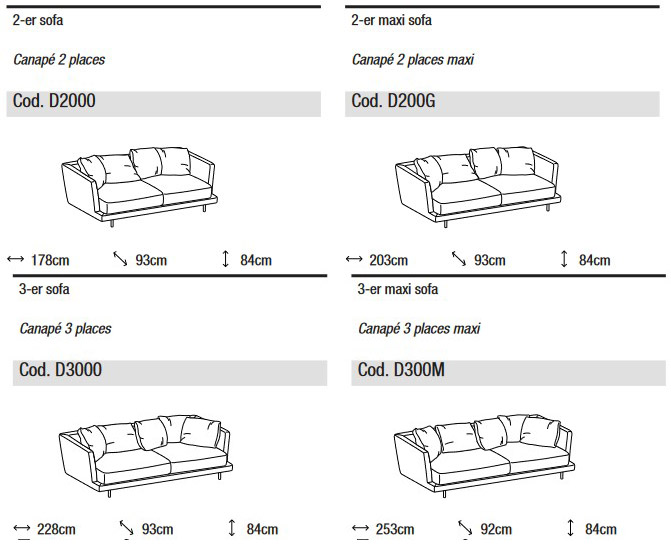 Dimensions du Canapé Royal Soft Ditre Italia 2 et 3 places linéaire