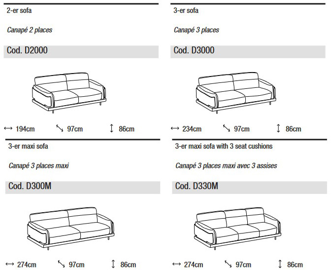 Dimensions of Skin Sofa Ditre Italia 2 and 3 Seater