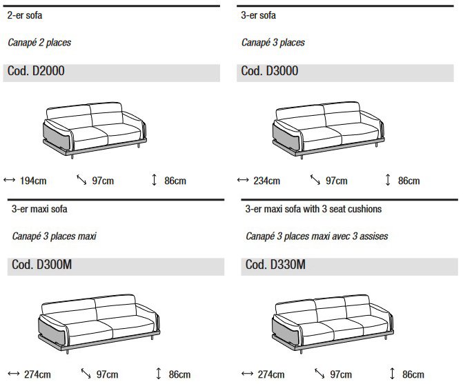 Skin Mix Ditre Italia 2 and 3 Seater Linear Sofa Dimensions