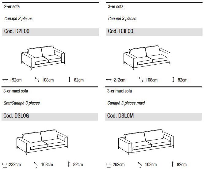 Abmessungen des Sofas Union von Ditre Italia mit 2 und 3 Sitzplätzen