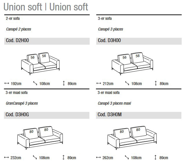 Abmessungen des Union Soft Sofas Ditre Italia 2- und 3-Sitzer