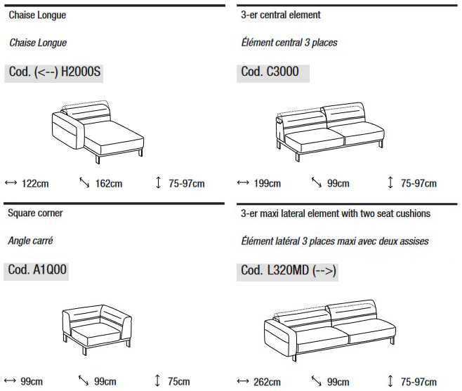 Dimensions of the modular sofa Bepop by Ditre Italia