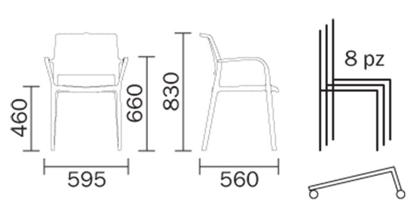 Ara chair with armrests Pedrali dimensions