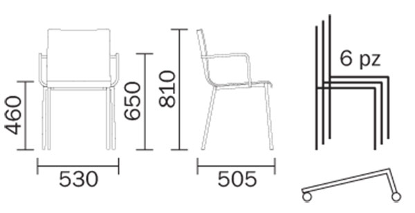 Kuadra XL chair with armrests Pedrali dimensions