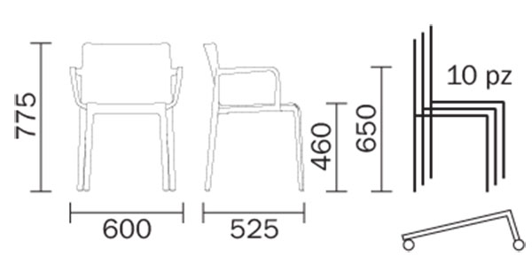 Volt chair with armrests Pedrali dimensions