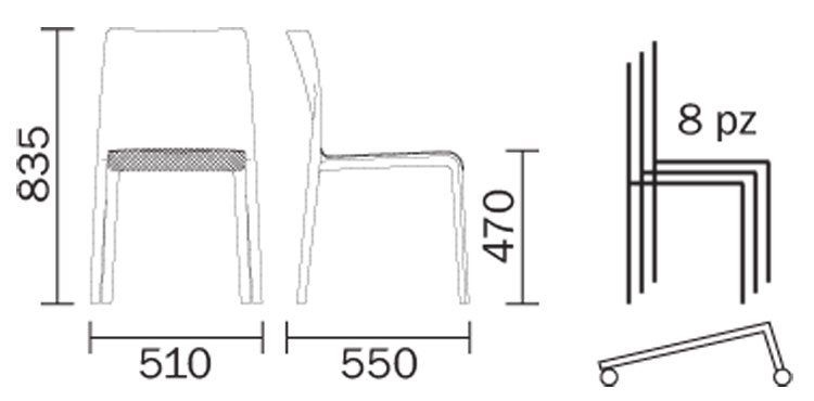 Chaise Volt Hb avec assise rembourrée Pedrali mesures et dimensiones