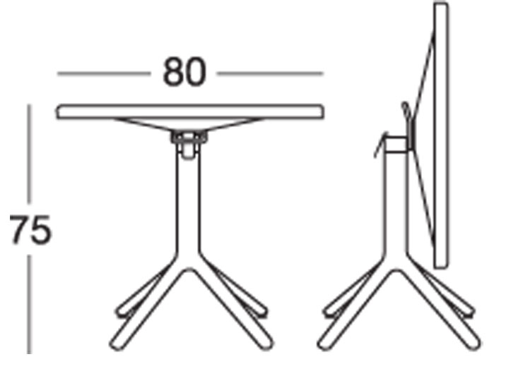 Abmessungen des Eco Scab Tisches mit klappbarer Platte 80x80