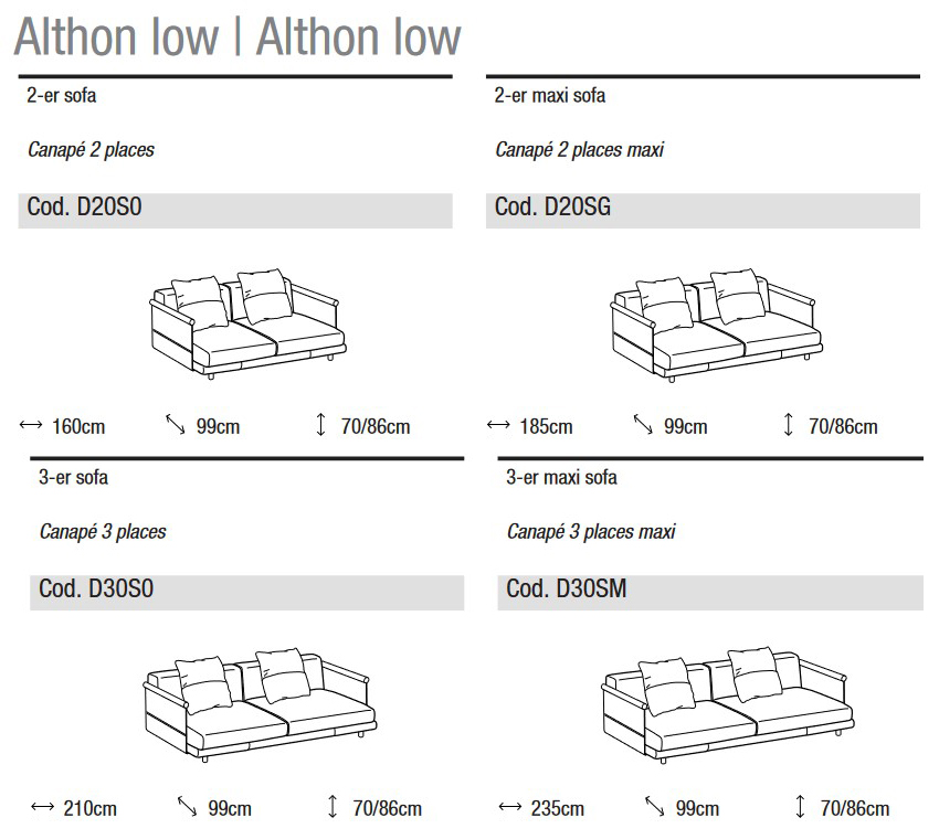 Dimensions of Althon Low Sofa Ditre Italia 2 and 3 Seater Linear