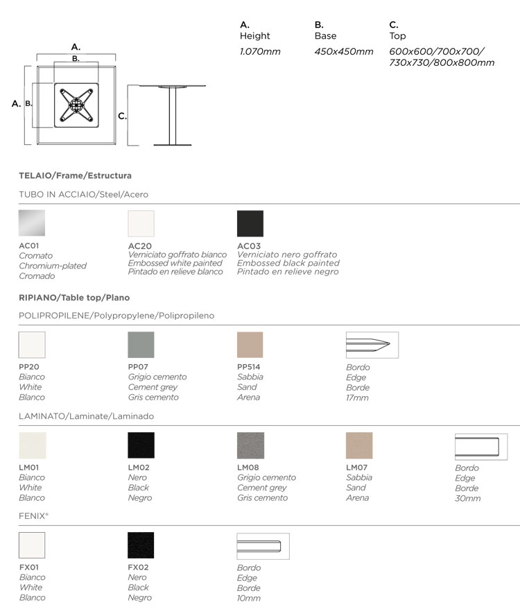 Tavolo Plano High Infiniti Design H.107 dimensioni e colori