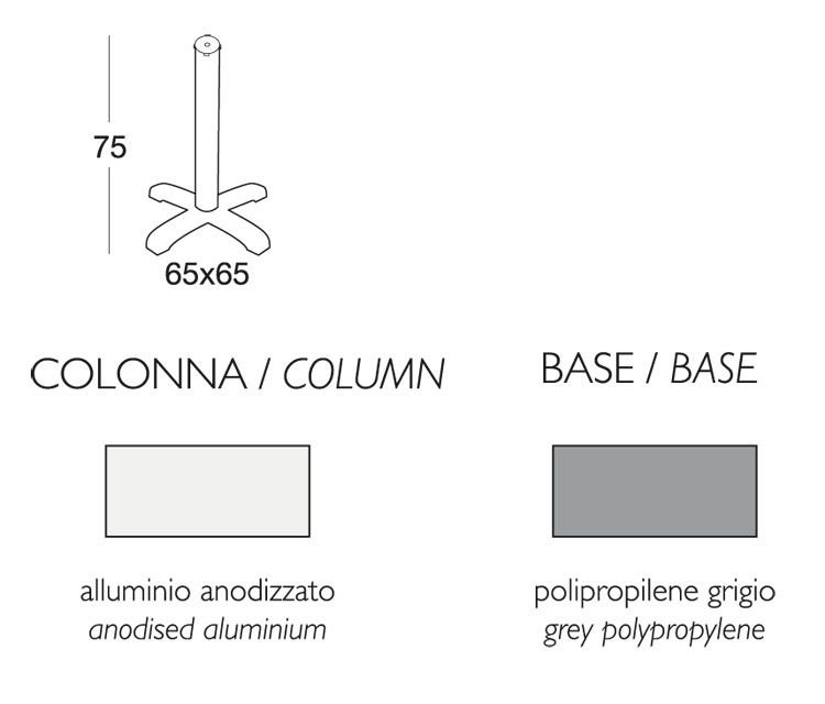 Dimensions of Dodo H.75 Bar Table with round column, 4-leg base, and polypropylene top